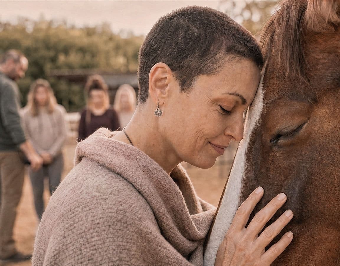 Personne au contact d'un cheval dans un cadre naturel